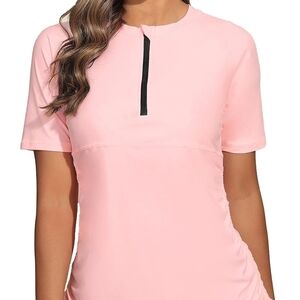 Elegant Pink Short Sleeve Swim Shirt Half-Zip Rash Guard Tie Drawstring UPF50